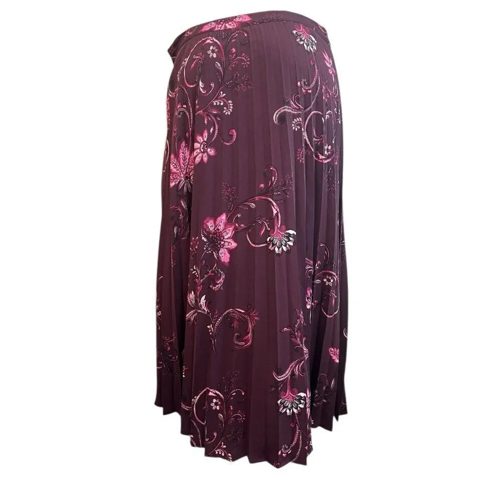 Chicos Design 0.5 or Size 6 Wine Pink Print Pleated Midi Skirt Lined NWT $119